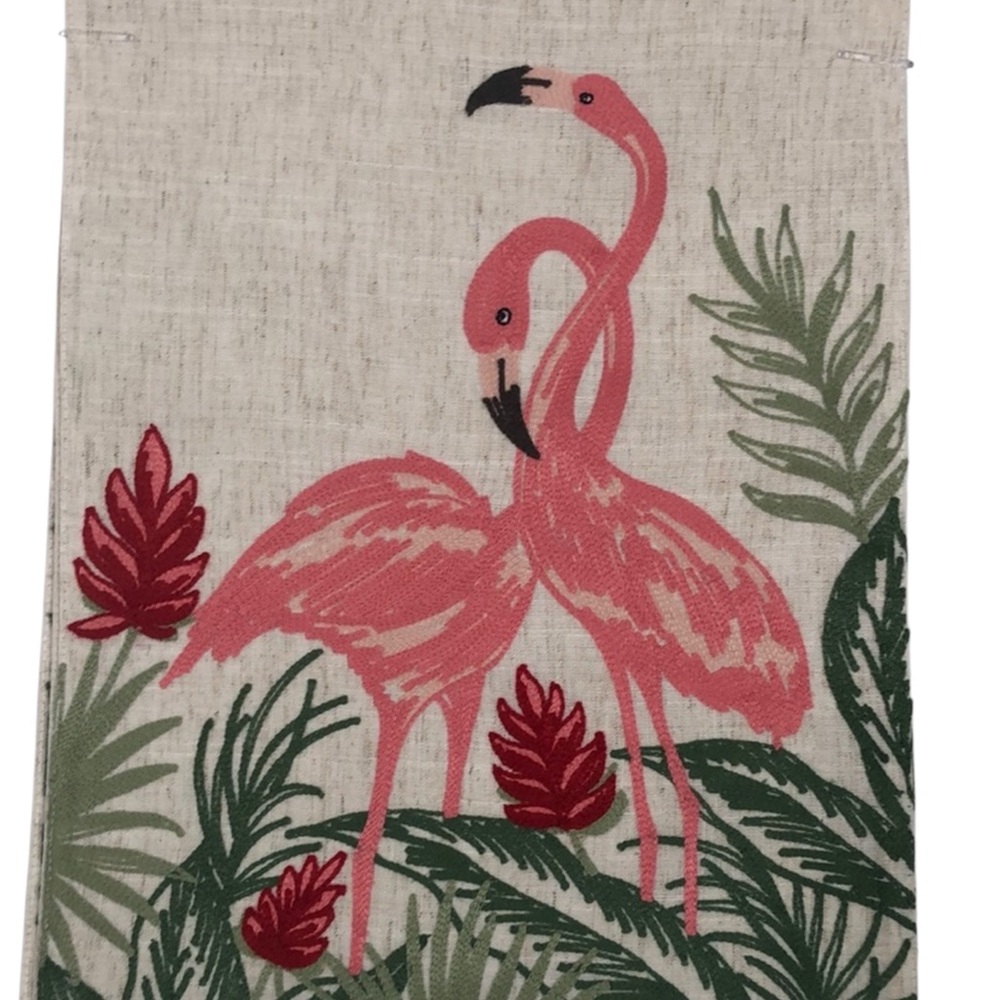 Pink Flamingos Tropical Ferns Beach Embroidered Neutral Linen Table Runner‎ NWT